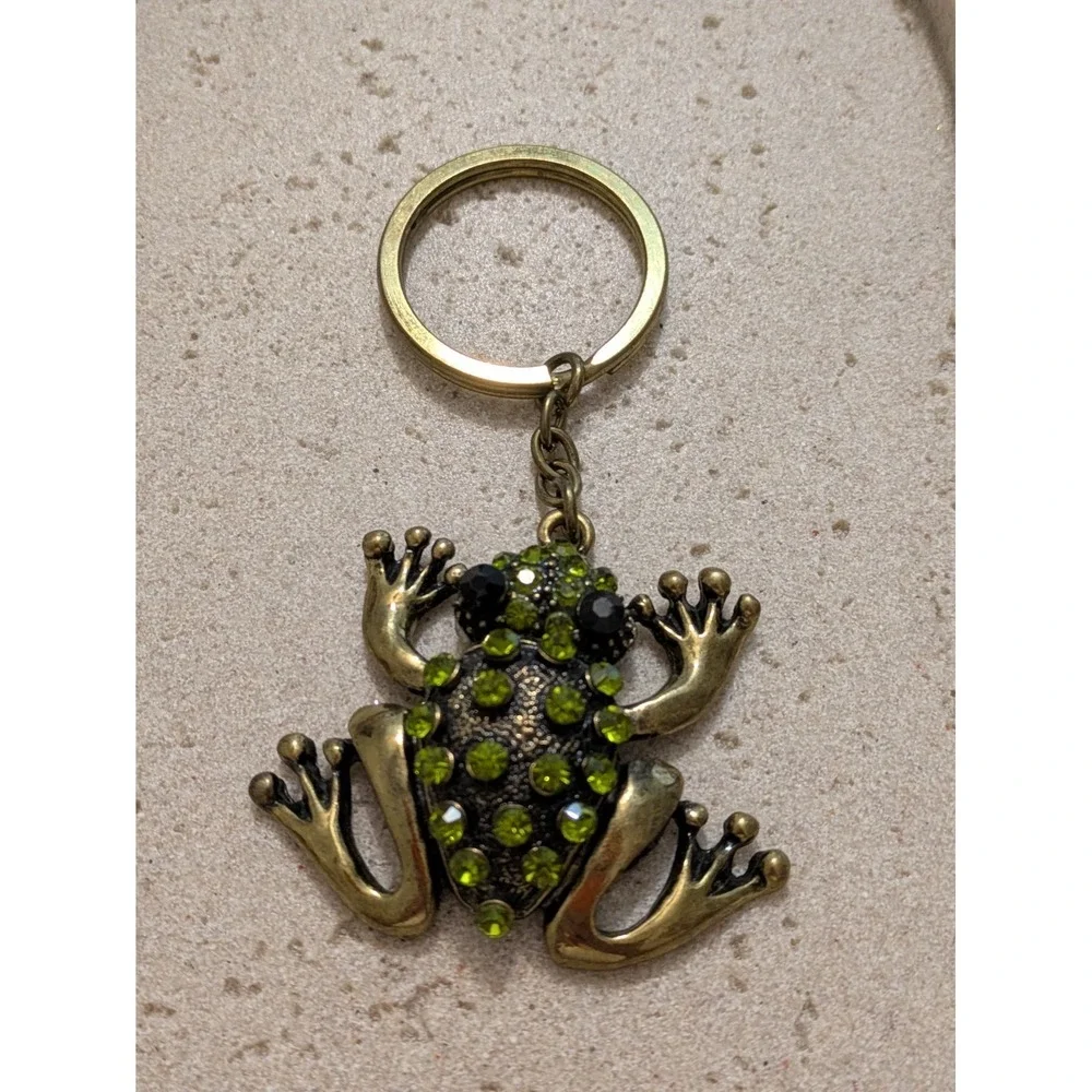 Frog Rhinestone Handbag Charm Keychain Chunky Statement Green & Gold Tone